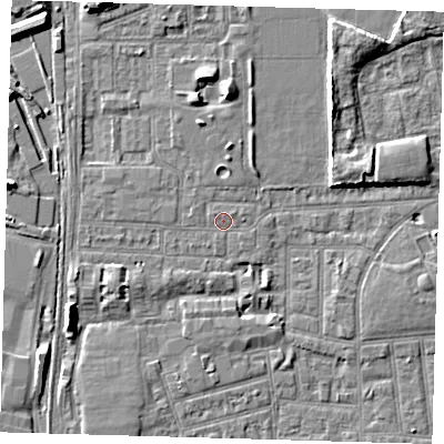 Shaded relief map of the ground around E153AG, computed from Environment Agency LiDAR. The ground here sits at about 2 m above sea level and falls 7 m across the surrounding 800 m. Surface water reaching this point runs off ground lying to the south-west, 0.9 m higher.