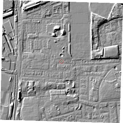 Shaded relief map of the ground around E153AH, computed from Environment Agency LiDAR. The ground here sits at about 2 m above sea level and falls 8 m across the surrounding 800 m. Surface water reaching this point runs off ground lying to the north, 1.3 m higher.
