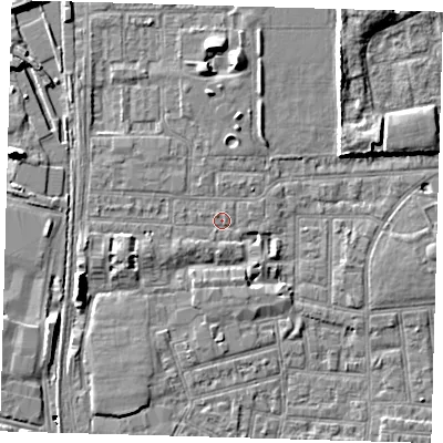 Shaded relief map of the ground around E153AJ, computed from Environment Agency LiDAR. The ground here sits at about 1 m above sea level and falls 8 m across the surrounding 800 m. Surface water reaching this point runs off ground lying to the south-west, 0.9 m higher.