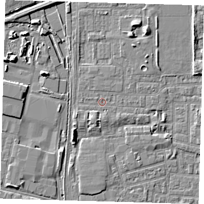 Shaded relief map of the ground around E153AL, computed from Environment Agency LiDAR. The ground here sits at about 1 m above sea level and falls 9 m across the surrounding 800 m. Surface water reaching this point runs off ground lying to the west-south-west, 2.0 m higher.