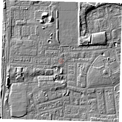 Shaded relief map of the ground around E153AQ, computed from Environment Agency LiDAR. The ground here sits at about 1 m above sea level and falls 7 m across the surrounding 800 m. Surface water reaching this point runs off ground lying to the south, 2.2 m higher.