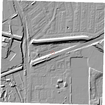 Shaded relief map of the ground around E153AS, computed from Environment Agency LiDAR. The ground here sits at about 1 m above sea level and falls 10 m across the surrounding 800 m. Surface water reaching this point runs off ground lying to the west-south-west, 6.5 m higher.