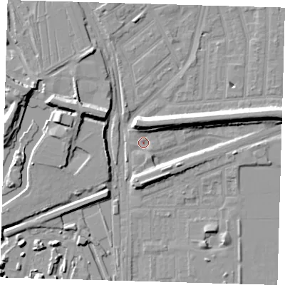 Shaded relief map of the ground around E153AT, computed from Environment Agency LiDAR. The ground here sits at about 2 m above sea level and falls 11 m across the surrounding 800 m. Surface water reaching this point runs off ground lying to the north, 8.3 m higher.