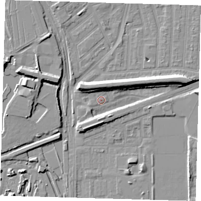 Shaded relief map of the ground around E153AU, computed from Environment Agency LiDAR. The ground here sits at about 2 m above sea level and falls 10 m across the surrounding 800 m. Surface water reaching this point runs off ground lying to the north-west, 8.6 m higher.