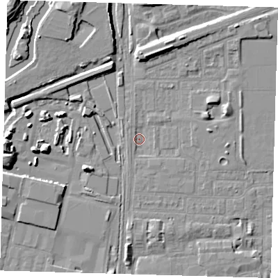 Shaded relief map of the ground around E153AW, computed from Environment Agency LiDAR. The ground here sits at about 1 m above sea level and falls 10 m across the surrounding 800 m. Surface water reaching this point runs off ground lying to the east, 1.6 m higher.