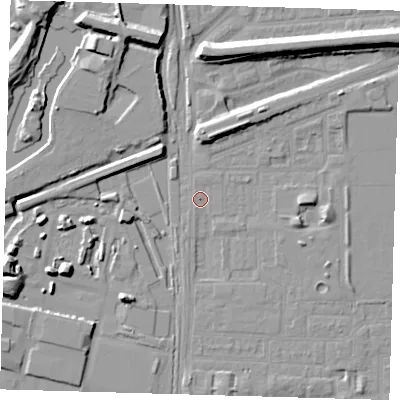 Shaded relief map of the ground around E153AY, computed from Environment Agency LiDAR. The ground here sits at about 1 m above sea level and falls 11 m across the surrounding 800 m. Surface water reaching this point runs off ground lying to the north, 6.2 m higher.