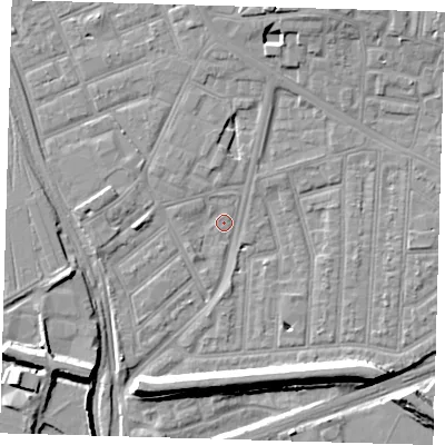 Shaded relief map of the ground around E153BA, computed from Environment Agency LiDAR. The ground here sits at about 2 m above sea level and falls 9 m across the surrounding 800 m. Surface water reaching this point runs off ground lying to the south-west, 1.6 m higher.