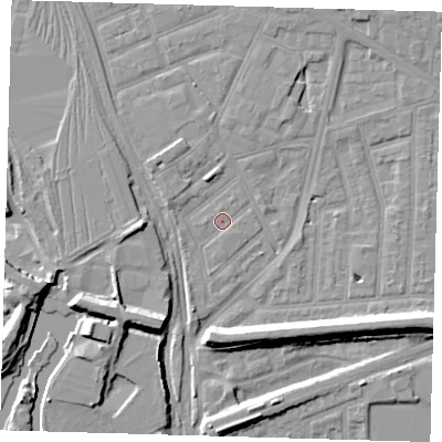 Shaded relief map of the ground around E153BB, computed from Environment Agency LiDAR. The ground here sits at about 3 m above sea level and falls 10 m across the surrounding 800 m. Surface water reaching this point runs off ground lying to the west, 0.7 m higher.