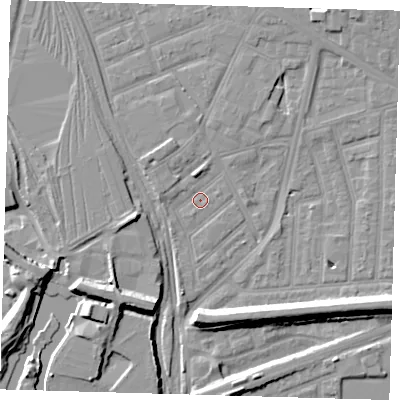 Shaded relief map of the ground around E153BD, computed from Environment Agency LiDAR. The ground here sits at about 3 m above sea level and falls 10 m across the surrounding 800 m. Surface water reaching this point runs off ground lying to the north, 2.3 m higher.