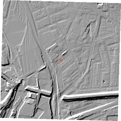 Shaded relief map of the ground around E153BE, computed from Environment Agency LiDAR. The ground here sits at about 3 m above sea level and falls 10 m across the surrounding 800 m. Surface water reaching this point runs off ground lying to the north-north-east, 2.3 m higher.