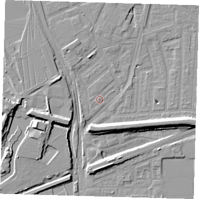 Shaded relief map of the ground around E153BH, computed from Environment Agency LiDAR. The ground here sits at about 3 m above sea level and falls 10 m across the surrounding 800 m. Surface water reaching this point runs off ground lying to the south-south-west, 0.8 m higher.