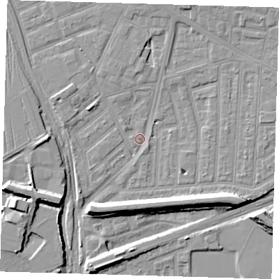 Shaded relief map of the ground around E153BJ, computed from Environment Agency LiDAR. The ground here sits at about 2 m above sea level and falls 9 m across the surrounding 800 m. Surface water reaching this point runs off ground lying to the north, 2.8 m higher.
