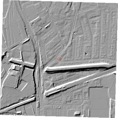 Shaded relief map of the ground around E153BL, computed from Environment Agency LiDAR. The ground here sits at about 3 m above sea level and falls 9 m across the surrounding 800 m. Surface water reaching this point runs off ground lying to the south-west, 9.1 m higher.