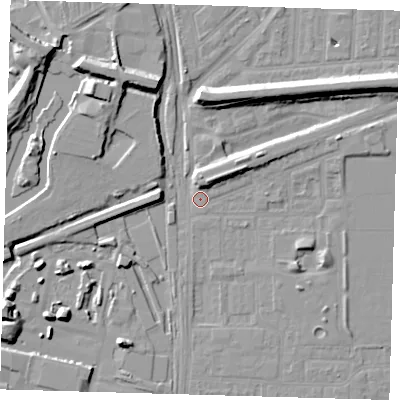 Shaded relief map of the ground around E153BN, computed from Environment Agency LiDAR. The ground here sits at about 2 m above sea level and falls 11 m across the surrounding 800 m. Surface water reaching this point runs off ground lying to the north-west, 9.6 m higher.