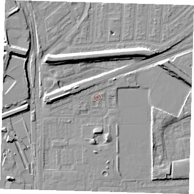 Shaded relief map of the ground around E153BP, computed from Environment Agency LiDAR. The ground here sits at about 2 m above sea level and falls 10 m across the surrounding 800 m. Surface water reaching this point runs off ground lying to the north-west, 2.1 m higher.