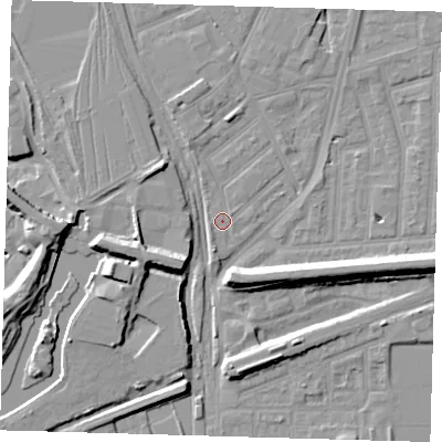 Shaded relief map of the ground around E153BQ, computed from Environment Agency LiDAR. The ground here sits at about 3 m above sea level and falls 10 m across the surrounding 800 m. Surface water reaching this point runs off ground lying to the north, 2.4 m higher.
