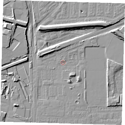 Shaded relief map of the ground around E153BS, computed from Environment Agency LiDAR. The ground here sits at about 2 m above sea level and falls 10 m across the surrounding 800 m. Surface water reaching this point runs off ground lying to the north, 3.4 m higher.