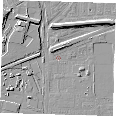 Shaded relief map of the ground around E153BT, computed from Environment Agency LiDAR. The ground here sits at about 2 m above sea level and falls 10 m across the surrounding 800 m. Surface water reaching this point runs off ground lying to the north-north-west, 6.2 m higher.