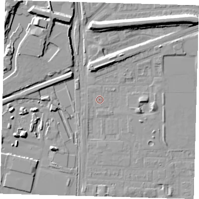Shaded relief map of the ground around E153BU, computed from Environment Agency LiDAR. The ground here sits at about 1 m above sea level and falls 10 m across the surrounding 800 m. Surface water reaching this point runs off ground lying to the east-south-east, 3.3 m higher.