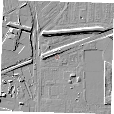Shaded relief map of the ground around E153BW, computed from Environment Agency LiDAR. The ground here sits at about 2 m above sea level and falls 10 m across the surrounding 800 m. Surface water reaching this point runs off ground lying to the north-north-east, 3.1 m higher.