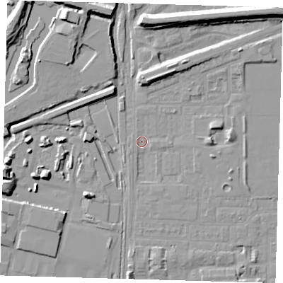 Shaded relief map of the ground around E153BY, computed from Environment Agency LiDAR. The ground here sits at about 1 m above sea level and falls 10 m across the surrounding 800 m. Surface water reaching this point runs off ground lying to the east-south-east, 1.6 m higher.