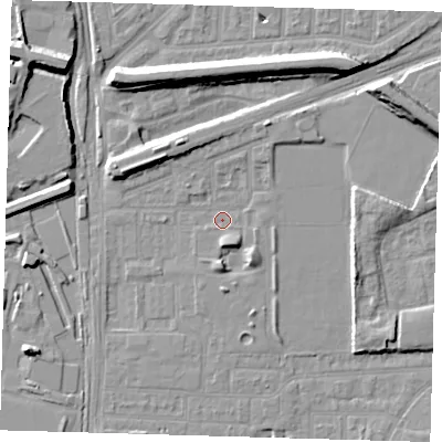 Shaded relief map of the ground around E153DB, computed from Environment Agency LiDAR. The ground here sits at about 1 m above sea level and falls 10 m across the surrounding 800 m. Surface water reaching this point runs off ground lying to the north-north-east, 3.3 m higher.