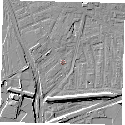 Shaded relief map of the ground around E153DD, computed from Environment Agency LiDAR. The ground here sits at about 3 m above sea level and falls 9 m across the surrounding 800 m. Surface water reaching this point runs off ground lying to the west-north-west, 2.4 m higher.