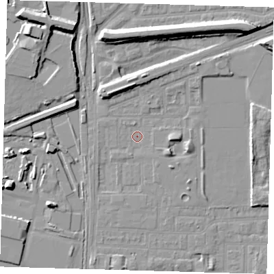 Shaded relief map of the ground around E153DE, computed from Environment Agency LiDAR. The ground here sits at about 1 m above sea level and falls 10 m across the surrounding 800 m. Surface water reaching this point runs off ground lying to the north-north-east, 3.7 m higher.