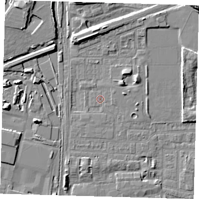 Shaded relief map of the ground around E153DF, computed from Environment Agency LiDAR. The ground here sits at about 1 m above sea level and falls 9 m across the surrounding 800 m. Surface water reaching this point runs off ground lying to the east-north-east, 0.9 m higher.