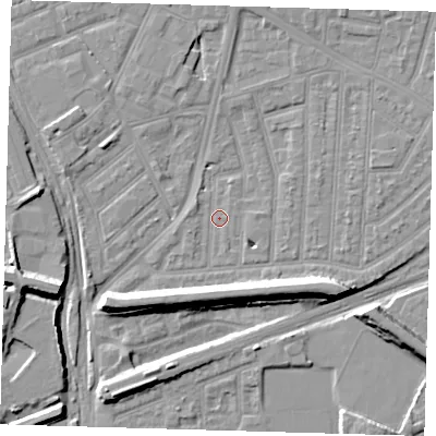 Shaded relief map of the ground around E153DH, computed from Environment Agency LiDAR. The ground here sits at about 2 m above sea level and falls 9 m across the surrounding 800 m. Surface water reaching this point runs off ground lying to the south-east, 9.0 m higher.
