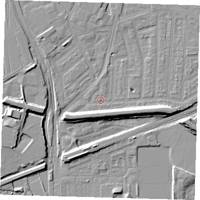 Shaded relief map of the ground around E153DJ, computed from Environment Agency LiDAR. The ground here sits at about 3 m above sea level and falls 9 m across the surrounding 800 m. Surface water reaching this point runs off ground lying to the south-south-east, 9.0 m higher.