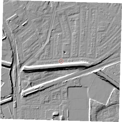 Shaded relief map of the ground around E153DL, computed from Environment Agency LiDAR. The ground here sits at about 3 m above sea level and falls 9 m across the surrounding 800 m. Surface water reaching this point runs off ground lying to the south-south-east, 6.9 m higher.