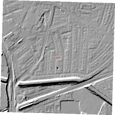 Shaded relief map of the ground around E153DN, computed from Environment Agency LiDAR. The ground here sits at about 2 m above sea level and falls 9 m across the surrounding 800 m. Surface water reaching this point runs off ground lying to the south, 8.9 m higher.