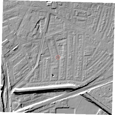 Shaded relief map of the ground around E153DP, computed from Environment Agency LiDAR. The ground here sits at about 2 m above sea level and falls 9 m across the surrounding 800 m. Surface water reaching this point runs off ground lying to the south, 7.4 m higher.