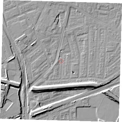 Shaded relief map of the ground around E153DQ, computed from Environment Agency LiDAR. The ground here sits at about 2 m above sea level and falls 9 m across the surrounding 800 m. Surface water reaching this point runs off ground lying to the west, 1.8 m higher.