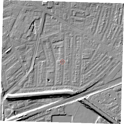 Shaded relief map of the ground around E153DR, computed from Environment Agency LiDAR. The ground here sits at about 3 m above sea level and falls 9 m across the surrounding 800 m. Surface water reaching this point runs off ground lying to the west-north-west, 0.6 m higher.
