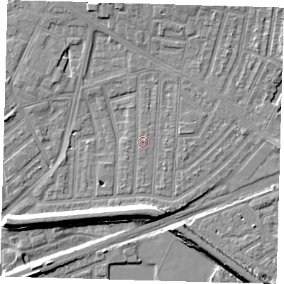 Shaded relief map of the ground around E153DS, computed from Environment Agency LiDAR. The ground here sits at about 3 m above sea level and falls 9 m across the surrounding 800 m. Surface water reaching this point runs off ground lying to the west, 0.6 m higher.