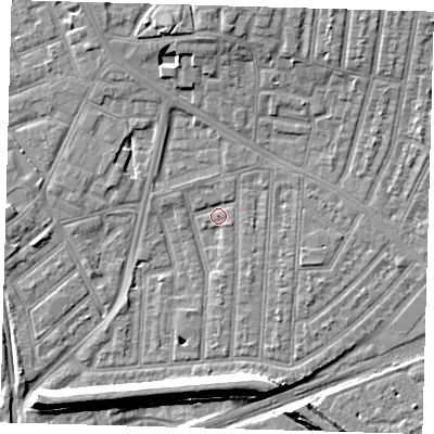 Shaded relief map of the ground around E153DT, computed from Environment Agency LiDAR. The ground here sits at about 2 m above sea level and falls 9 m across the surrounding 800 m. Surface water reaching this point runs off ground lying to the south, 7.6 m higher.