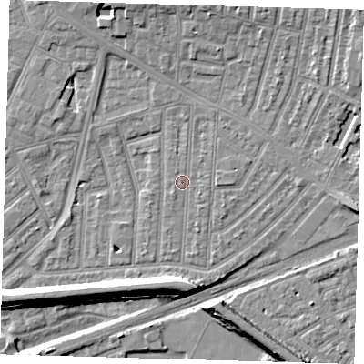 Shaded relief map of the ground around E153DU, computed from Environment Agency LiDAR. The ground here sits at about 3 m above sea level and falls 9 m across the surrounding 800 m. Surface water reaching this point runs off ground lying to the north-east, 5.1 m higher.