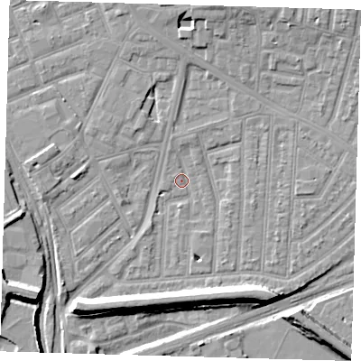 Shaded relief map of the ground around E153DW, computed from Environment Agency LiDAR. The ground here sits at about 2 m above sea level and falls 9 m across the surrounding 800 m. Surface water reaching this point runs off ground lying to the south-west, 2.0 m higher.