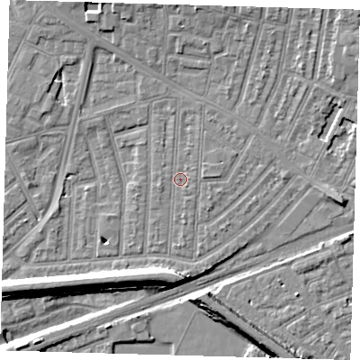 Shaded relief map of the ground around E153DX, computed from Environment Agency LiDAR. The ground here sits at about 3 m above sea level and falls 9 m across the surrounding 800 m. Surface water reaching this point runs off ground lying to the north-east, 5.0 m higher.