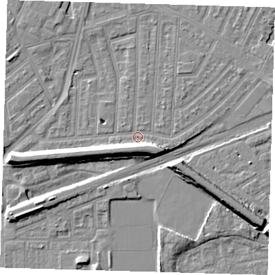 Shaded relief map of the ground around E153DY, computed from Environment Agency LiDAR. The ground here sits at about 3 m above sea level and falls 9 m across the surrounding 800 m. Surface water reaching this point runs off ground lying to the south-east, 6.8 m higher.