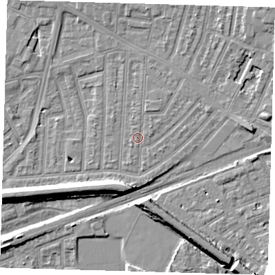 Shaded relief map of the ground around E153DZ, computed from Environment Agency LiDAR. The ground here sits at about 3 m above sea level and falls 9 m across the surrounding 800 m. Surface water reaching this point runs off ground lying to the north-north-east, 1.2 m higher.