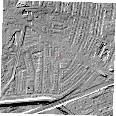 Shaded relief map of the ground around E153EA, computed from Environment Agency LiDAR. The ground here sits at about 3 m above sea level and falls 9 m across the surrounding 800 m. Surface water reaching this point runs off ground lying to the south, 0.9 m higher.