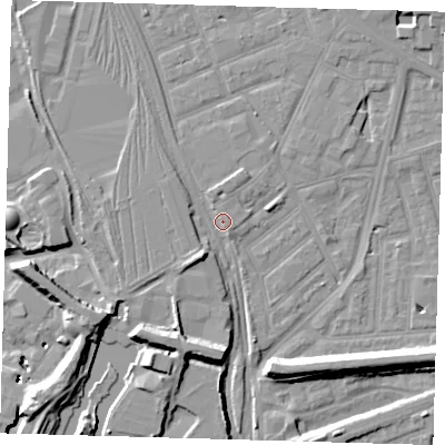 Shaded relief map of the ground around E153EB, computed from Environment Agency LiDAR. The ground here sits at about 4 m above sea level and falls 11 m across the surrounding 800 m. Surface water reaching this point runs off ground lying to the north-west, 2.0 m higher.