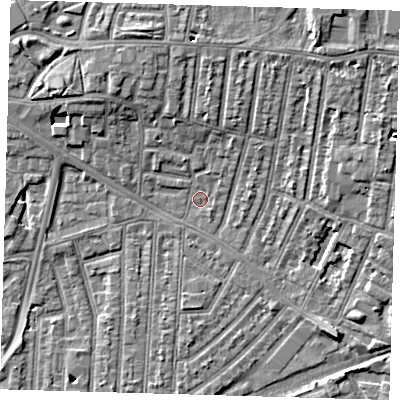 Shaded relief map of the ground around E153ED, computed from Environment Agency LiDAR. The ground here sits at about 3 m above sea level and falls 10 m across the surrounding 800 m. Surface water reaching this point runs off ground lying to the north-east, 6.7 m higher.