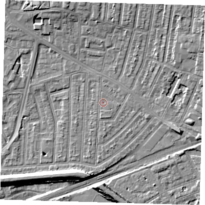 Shaded relief map of the ground around E153EE, computed from Environment Agency LiDAR. The ground here sits at about 3 m above sea level and falls 9 m across the surrounding 800 m. Surface water reaching this point runs off ground lying to the south, 0.8 m higher.