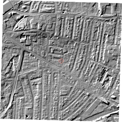 Shaded relief map of the ground around E153EF, computed from Environment Agency LiDAR. The ground here sits at about 3 m above sea level and falls 10 m across the surrounding 800 m. Surface water reaching this point runs off ground lying to the north, 4.9 m higher.
