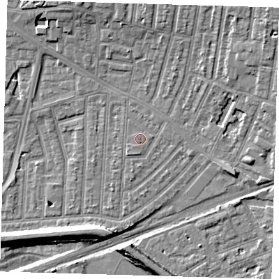 Shaded relief map of the ground around E153EG, computed from Environment Agency LiDAR. The ground here sits at about 3 m above sea level and falls 9 m across the surrounding 800 m. The ground contributing surface water to this point lies to the south-west.