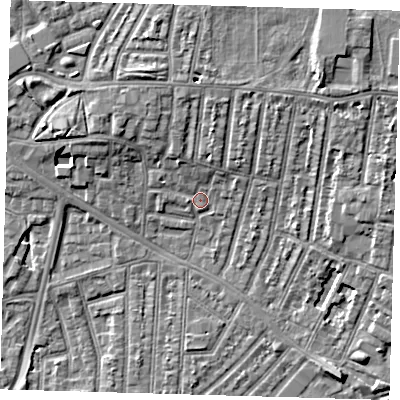 Shaded relief map of the ground around E153EP, computed from Environment Agency LiDAR. The ground here sits at about 4 m above sea level and falls 9 m across the surrounding 800 m. Surface water reaching this point runs off ground lying to the north, 4.1 m higher.